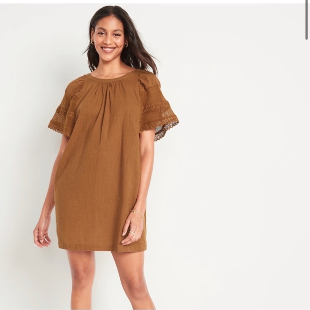 Old Navy Boho Mini Dress Medium Brown Flutter Sleeve Crochet Cottagecore - Picture 2 of 6